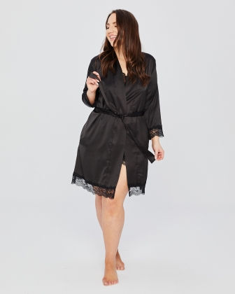 PLUS SIZE SATIN ROBE WITH LACE BLACK - 3