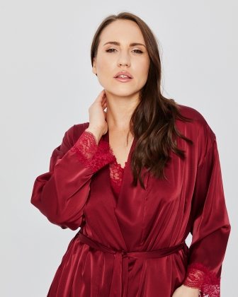 PLUS SIZE SATIN ROBE WITH LACE BURGUNDY - 3