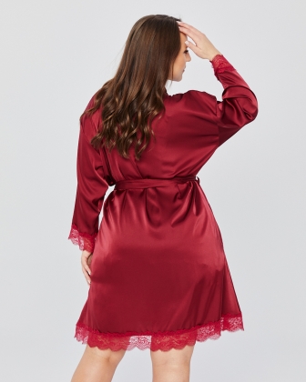 PLUS SIZE SATIN ROBE WITH LACE BURGUNDY - 4