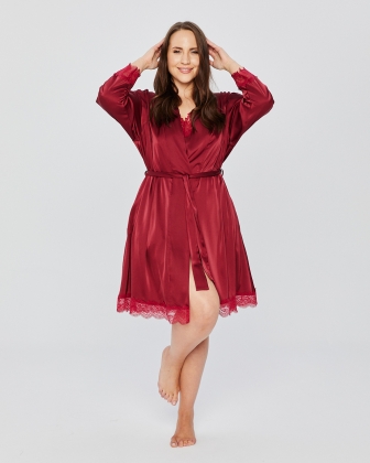 PLUS SIZE SATIN ROBE WITH LACE BURGUNDY - 2
