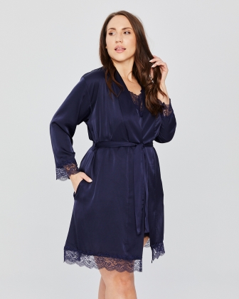 PLUS SIZE SATIN ROBE WITH LACE NAVY BLUE - 1