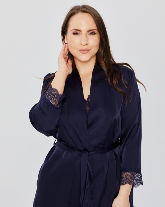 PLUS SIZE SATIN ROBE WITH LACE NAVY BLUE - 3